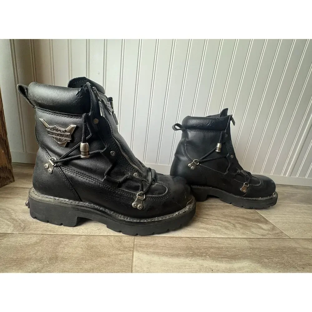 Harley-Davidson Mens SZ 12 Leather Boots Double Zip 91680 Black Preowned